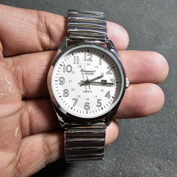 Precison By Gruen Quartz Watch Unisex Silver Military Dial Date Just Working sho - Picture 1 of 10